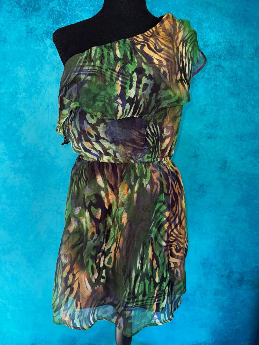 Vintage Fire Los Angeles short One Shoulder Jungle dress w/elastic waist